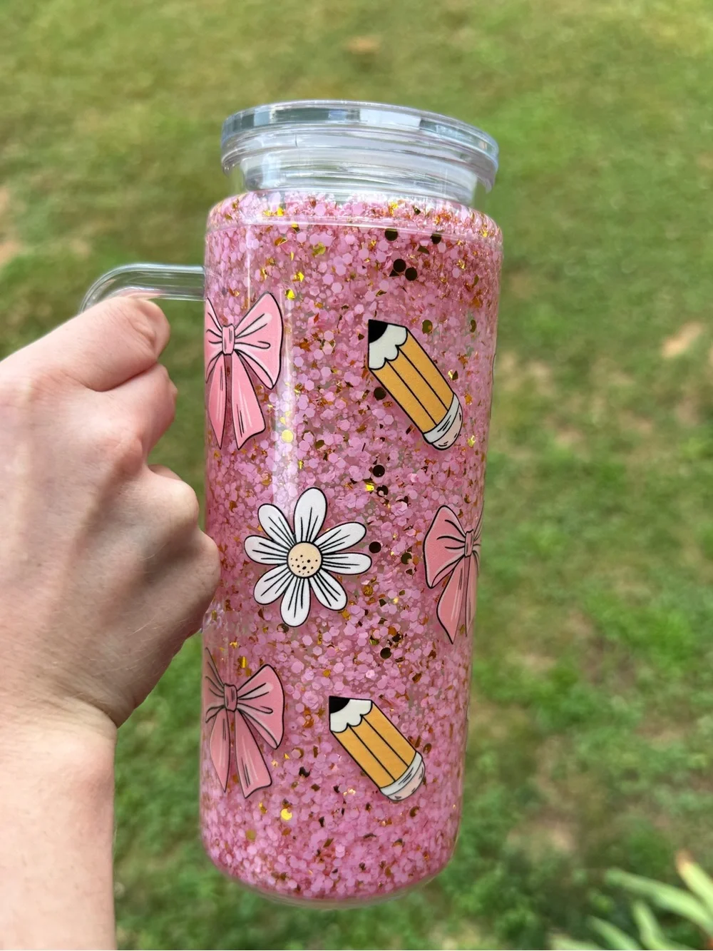 20 oz Pink Coquette Teacher Snow Globe Tumbler Glitter Cup with Handle & Straw